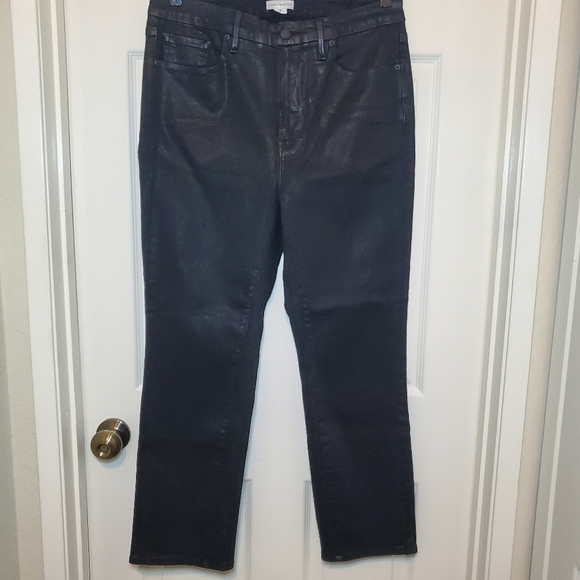 Good American Wax Coated Black Straight Leg Jeans Sz 16 - Picture 1 of 9